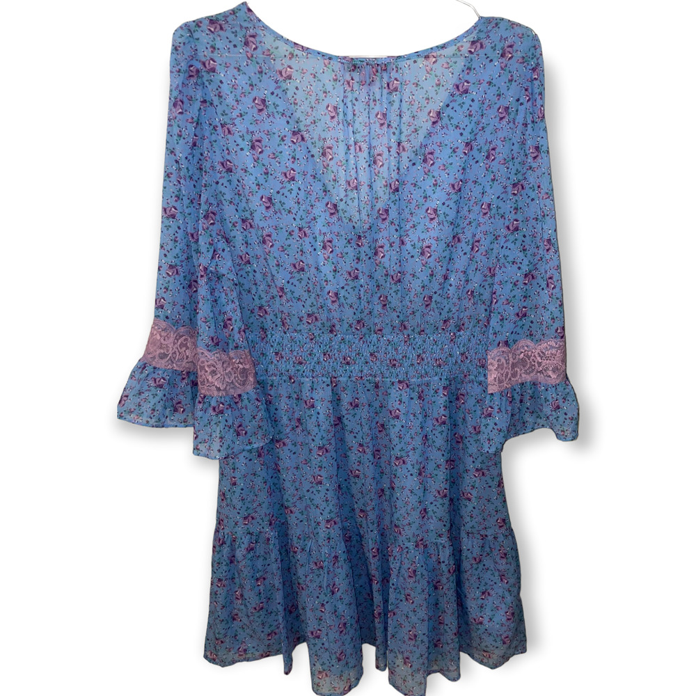 Betsey Johnson Blue Floral Babydoll Dress with Pink Lace Trim